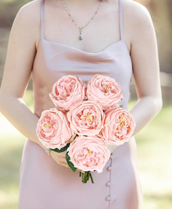 IPOPU Real Touch Rose Artificial Flowers 5PCS Faux Pink Peonies Realistic Roses with Stem for Wedding Bouquet Party Home Decor (Pink)