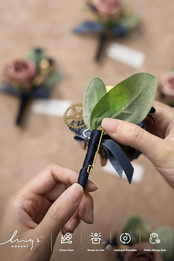 Ling's moment Boutonniere for Men, 6pcs Groom Groomsmen Boutonniere, Artificial Flowers for Wedding Decor/Prom/Homecoming, etc.Navy Blue & Pink