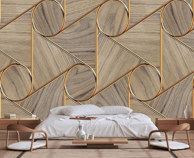 Golden Stripes and Circles and Imitation Wood Grain Wallpaper, Large Wall murals for bedrooms, Living Rooms, restrooms(Non-self-Adhesive)