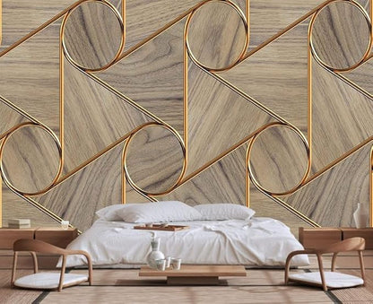 Golden Stripes and Circles and Imitation Wood Grain Wallpaper, Large Wall murals for bedrooms, Living Rooms, restrooms(Non-self-Adhesive)