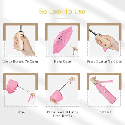 Cute Duck Umbrella Automatic - Compact Pretty Pocket Size Strong Duck Collapsible Umbrella Yellow Wooden Handle for Women