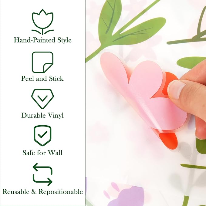AOWDIAO Floral Wall Decals - 102 Pcs Peel and Stick Vinyl Flower Stickers - Assorted Varieties & Colors for Bedroom, Kids’ Rooms, Nursery, or Living Room Decor