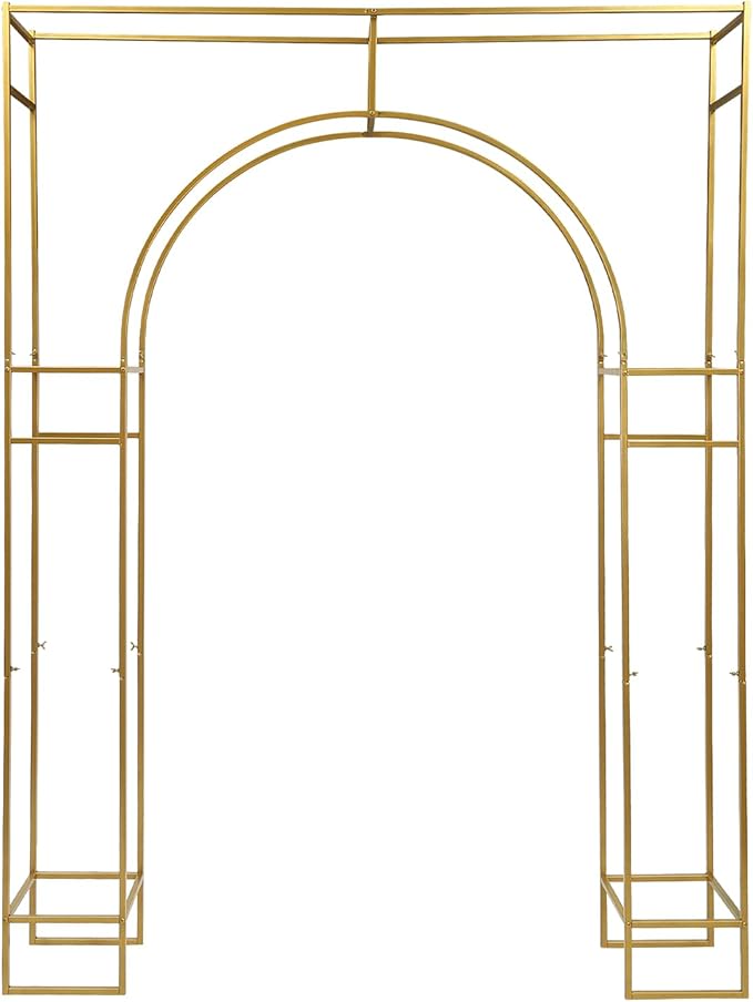Wedding Arch Backdrop Stand, 7.9 Ft Heavy Duty Gold Metal Square Wedding Arch, 3D Floral Balloon Frame Flower Stand for Garden Indoor Outdoor Party Birthday Parties Engagements Decoration