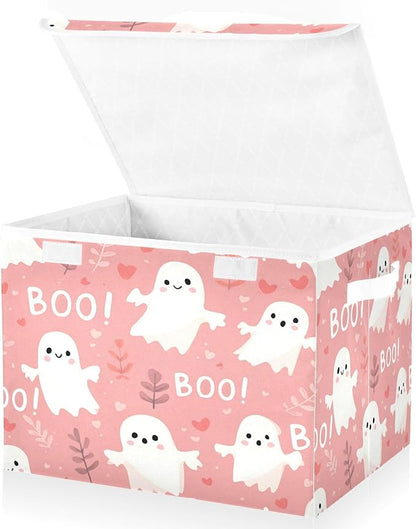 Halloween Baskets Collapsible Storage Bins with Lids, Ghost Love Grass Storage Boxes Clothes Baskets for Organizing