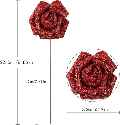 IPOPU Red Roses Artificial Flowers, 25pcs Foam Glitter Roses Fake Roses with Stem for DIY Wedding Bridal Bouquet Home Party Decoration(Red)