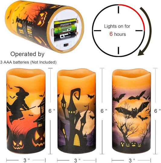 DRomance Flameless Candles Battery Operated with 6 Hour Timer, Halloween Decals Real Wax LED Flickering Pillar Candles Set of 3 Indoor Halloween Window Table Decor(3 x 6 Inches)