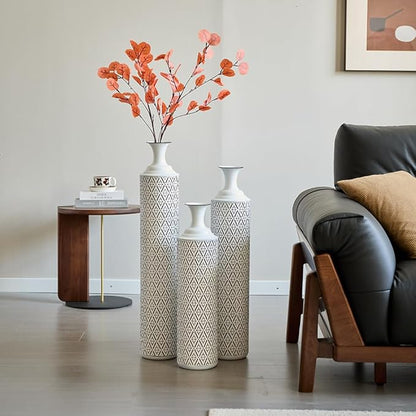Floor Oversized Gold Metal Decorative Vase with 3D Triangle Pattern Set of 3 Large Vases for Home Living Room 33.5 ", 29.5 ", 25.2" High (White+Black)