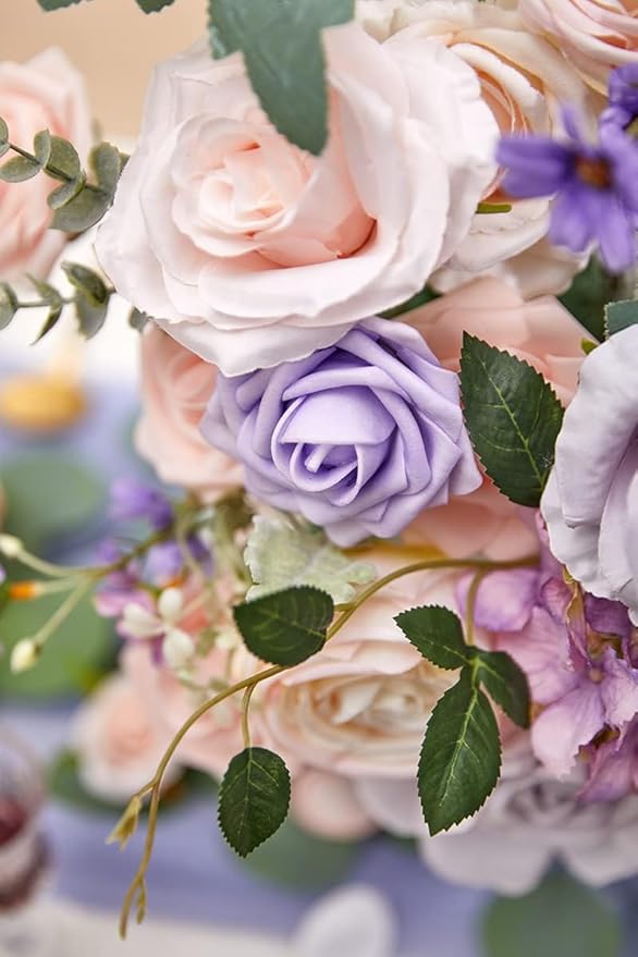 Serwalin 2Pcs Artificial Flowers Fake Silk Flowers Combo Realistic Mixed Roses Box for DIY Wedding Bridal Bouquets Centerpieces Arrangements Faux Flowers with Stems Home Decor, Pink&Lilac