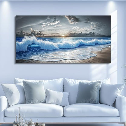 PHAOHUAXM Large Canvas Printed Artworks Mural Wall Decor For Living Room Wall Art For Bedroom Office Decor Black White And Blue Ocean Wave Landscape Painting Modern Home Decor Ready To Hang 30"X60"