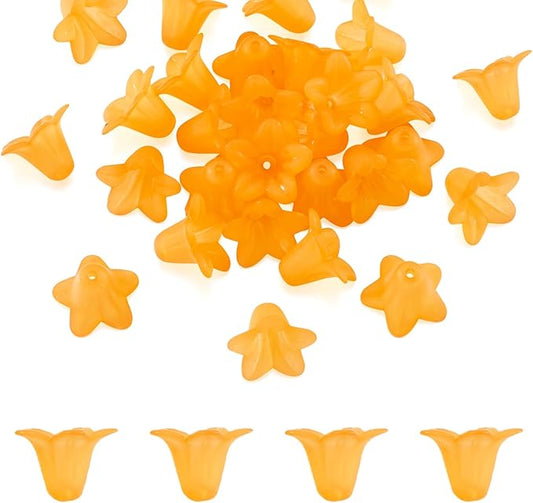 Crafans 50Pcs Frosted Acrylic Flower Beads 17.5x12x1.5mm Transparent Floral Pendants Clear Flower Bead Caps Loose End Spacer Beads for Jewelry Making (Orange)