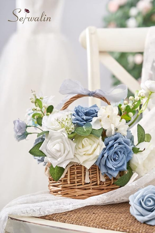 Serwalin Artificial Flowers Blue Fake Silk Foam Wedding Flowers for Bridal Bouquet White Roses with Stems for Home Party Decoration Faux Flower Table Centerpieces Arrangements for Baby Shower