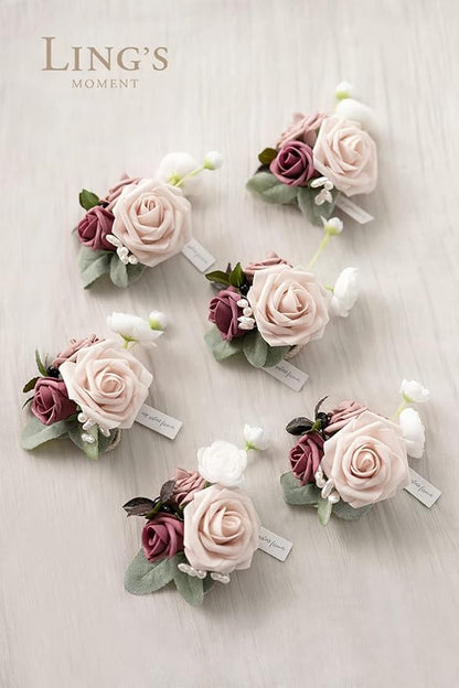 Ling's moment 6pcs Wedding Wrist Corsage Artificial Flowers, Girl/Mother Homecoming Prom Corsages Wristlet Décor, etc. Mauve Dusty Rose