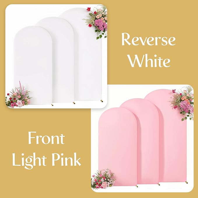 White and Pink Arch Backdrop Cover 8FT 7.2FT 6.6FT Arch Covers Stretchy Backdrop Set of 3, Wedding Arch Cover Spandex Fitted Double-Color Fabric Arch Covers for Party Baby Shower Birthday Decoration
