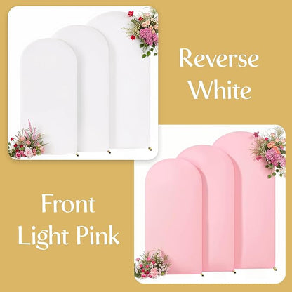 White and Pink Arch Backdrop Cover 8FT 7.2FT 6.6FT Arch Covers Stretchy Backdrop Set of 3, Wedding Arch Cover Spandex Fitted Double-Color Fabric Arch Covers for Party Baby Shower Birthday Decoration