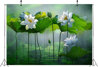 BELECO 7x5ft Fabric Lotus Flower Backdrop Lotus Garden Blooming White Lotus Flowers Pond Background Wall Decor Photo Booth Shoot Studio Props Wallpaper
