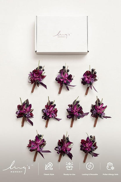 Ling's Moment Boutonniere for Men, 10pcs Groomsmen Guest Boutonniere, Artificial Flowers for Wedding Décor/Prom/Homecoming,etc.Deep Purple