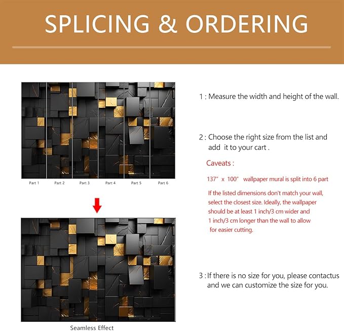 Black Gold Geometric Wallpaper Peel and Stick 3D Large Self Adhesive Wall Mural for Living Room 137"x100"