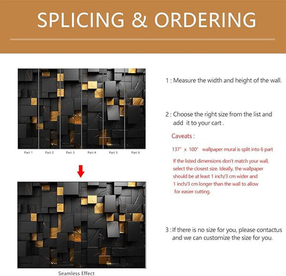 Black Gold Geometric Wallpaper Peel and Stick 3D Large Self Adhesive Wall Mural for Living Room 137"x100"
