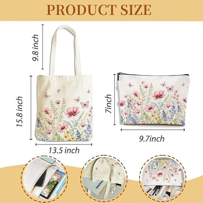 Flower Plant Lover Gifts for Women Canvas Tote Bag with Makeup Bag Cosmetic Bags Grocery Bags for Shopping Christmas