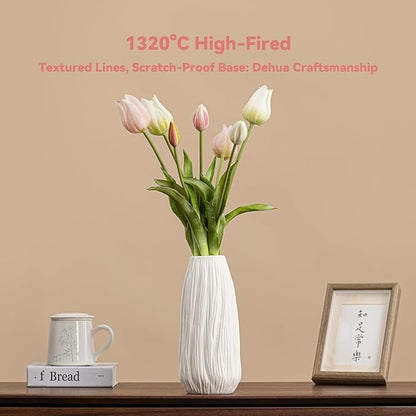 White Ceramic Vase with Woodgrain Texture & Vertical Lines - 9.3" Unique Flower Vase for Pampas Grass & Centerpieces, Farmhouse/Boho Decorative Vase for Living Room, Office Desk &Gift for Her/Yourself