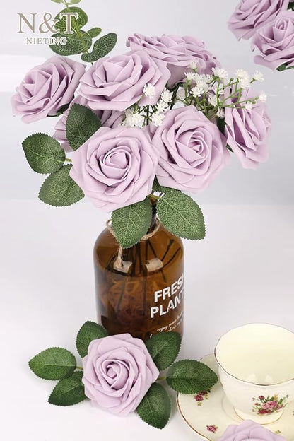 N&T NIETING Artificial Wedding Flowers 25 pcs Lilac Roses Fake Roses with Long Stems for Decortion Mother's Day Baby Shower Arrangements Bouquets