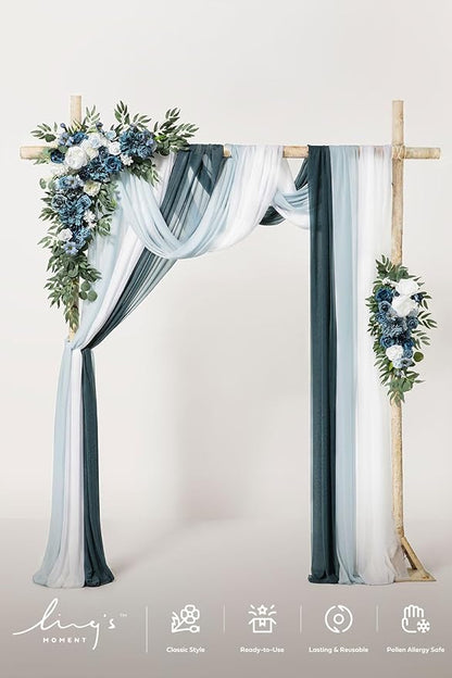 Ling's moment Wedding Arch Flowers with Sheer Drapes Kit - Artificial Dusty Blue and Navy Floral Arrangements for Ceremony Backdrop, Arbor Decor, 5-Piece Set (2 Flower Stems + 3 Hanging Drapes)