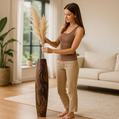 Leewadee Large Brown Home Decor Floor Vase - Wooden 34 inch Tall Farmhouse Decor Flower Holder for Fake Plant and Pampas Grass