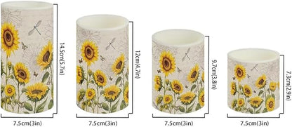 Flameless LED Candles Electric Candle Set with Remote Timer Color Changing Control Long Lasting for Table Centerpiece Home Indoor Decoration Pack of 4, Sunflower Dragonfly Retro