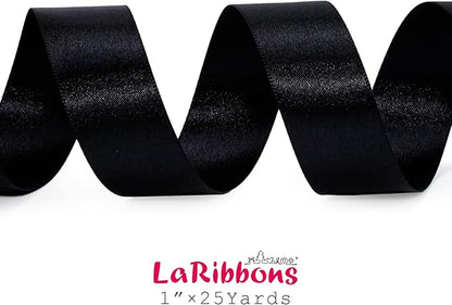 LaRibbons Black Satin Ribbon 1 Inch 25 Yards Luxury Double Faced Black Silk Ribbon for Flower Bouquet Crafts Gift Wrapping Wedding Party Decoration