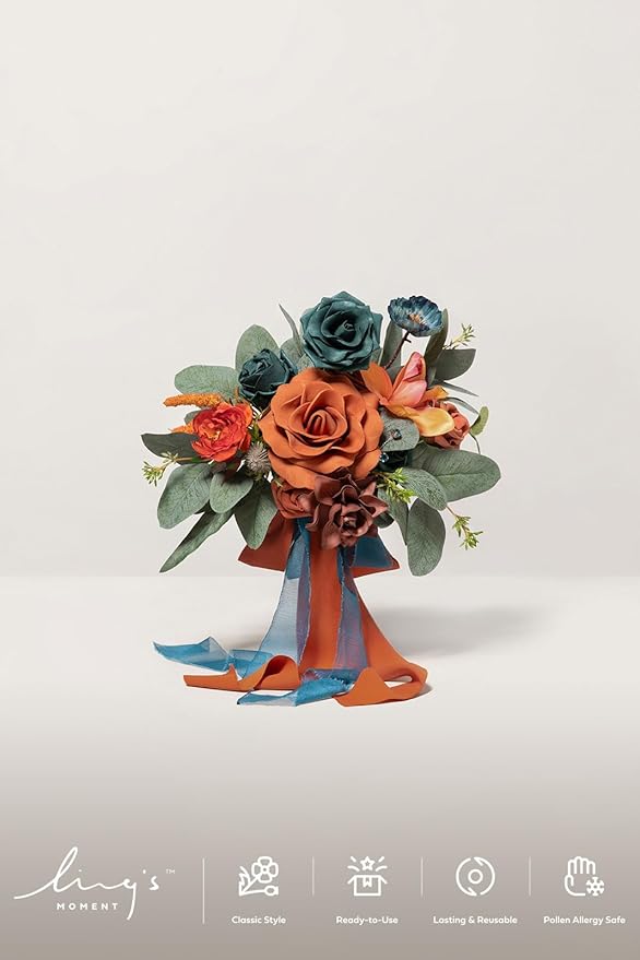 Ling's moment Artificial Flowers Teal and Orange Bridesmaid Bouquet Set of 4, Wedding Flowers Bouquets for Bridesmaids, 7 Inch Bridal Bouquets for Bridesmaids, Wedding Decor, Ceremony, etc