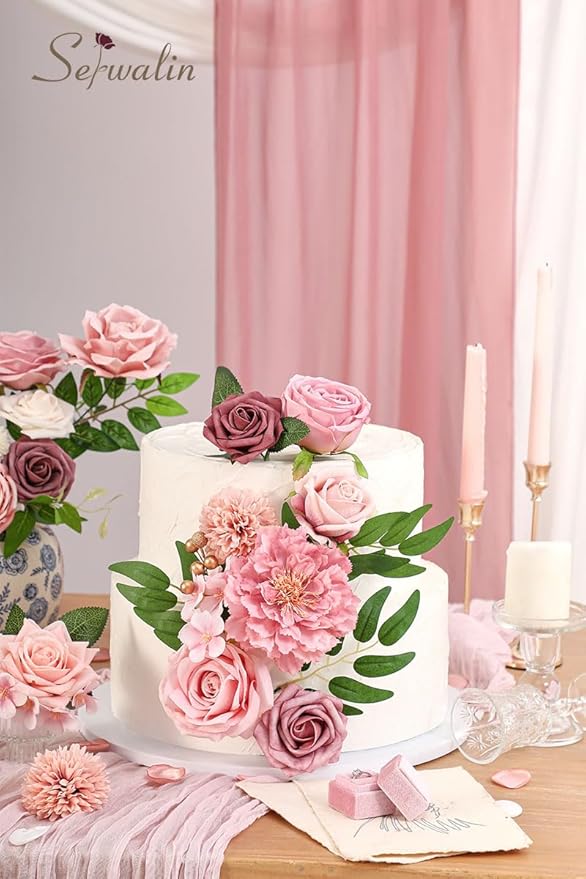 Serwalin Artificial Pink Flowers Fake Flowers Cake Flowers Silk Flowers Wedding Spring Rose for Decoration DIY Craft Combo Centerpieces Bridal Bouquet Home Decor