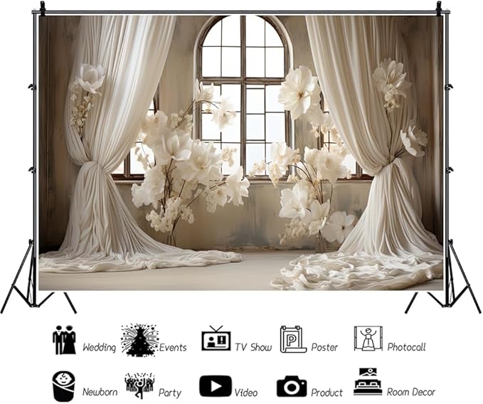 8x6ft Wedding Party Decorations Banner Backdrop Wedding Reception Photography Backdrop White Floral Flowers Curtains French Frame Photo Backgrounds Baby Shower Photo Shoot Portraits Props