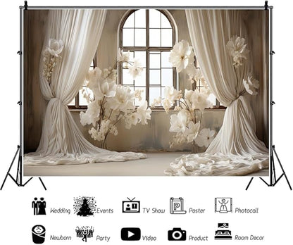12x8ft Wedding Party Decorations Banner Backdrop Wedding Reception Photography Backdrop White Floral Flowers Curtains French Frame Photo Backgrounds Baby Shower Photo Shoot Portraits Props