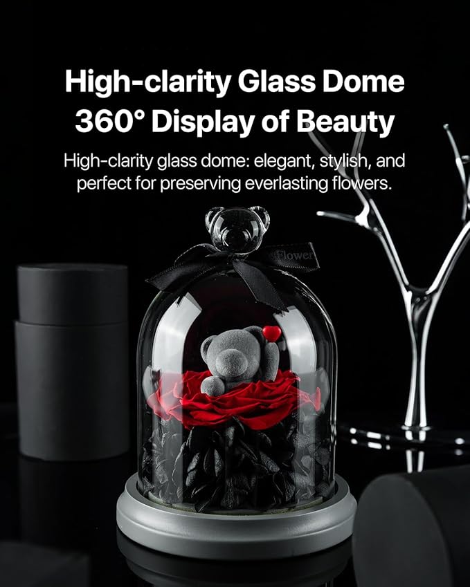 JoyFlower Preserved Flowers with Teddy Bear in Glass Gift, Eternal Rose Gifts for Girlfriend, Preserved Rose Bear with Gift Box for Wife Mom Her on Birthday, Valentine's Day, Mother's Day, Anniversary