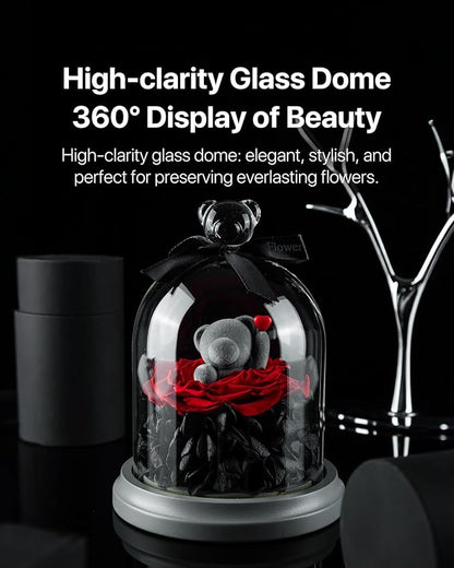 JoyFlower Preserved Flowers with Teddy Bear in Glass Gift, Eternal Rose Gifts for Girlfriend, Preserved Rose Bear with Gift Box for Wife Mom Her on Birthday, Valentine's Day, Mother's Day, Anniversary