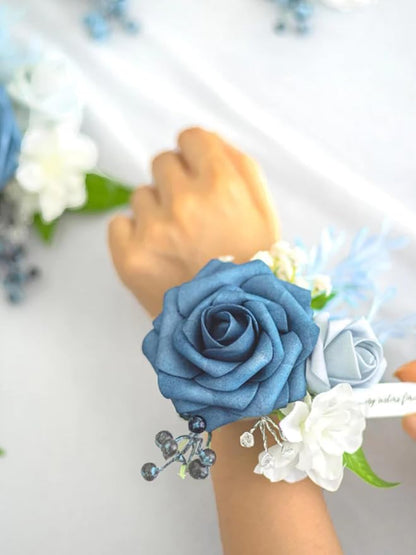 ASTRYAS Dusty Blue Artificial Flowers Combo Fake Silk Dahlia Roses with Stem for DIY Wedding Bouquet Arrangements Bridal Shower Party Home Decorations