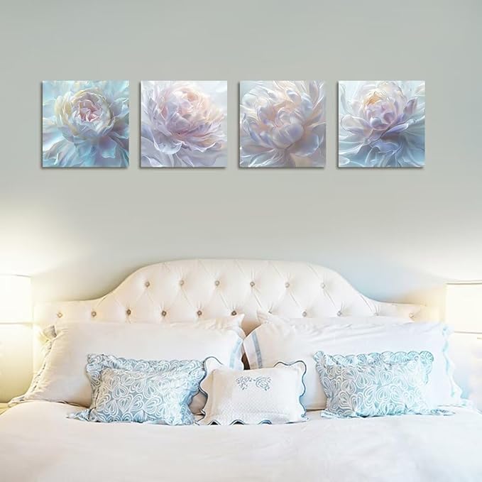 White Flower Canvas Wall Art Floral Pictures Prints Abstract Flower Wall Decor for Living Room Bedroom Bathroom Office Home Decorations Framed Artwork Ready to Hang (16''W x 16''H x 4)