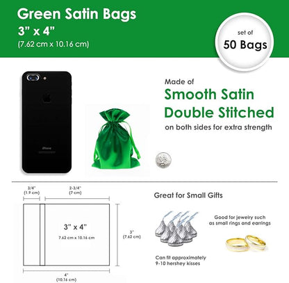 3" x 4" Green Satin Gift Bags, Jewelry Bags, Wedding Favor Silky Drawstring Bags Baby Shower Christmas Gift Bags 50 per Pack