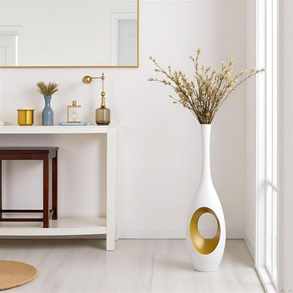 23.6 Inch White Vases – Modern Oval Floor Vase with Gold Cutouts & Slim Neck, Luxury Decorative Tall Vases for Living Room, Wedding, Office Decor – Resin Tall Floor Vase