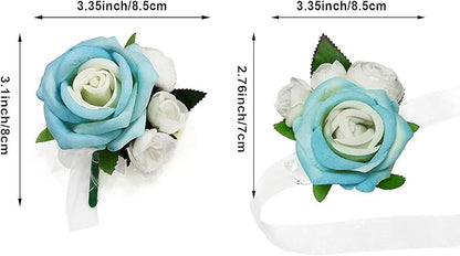 Wrist Corsage and Boutonniere Set, Artificial Rose Corsage Wristlet and Boutonniere for Wedding Prom Party (Blue, 4pcs)