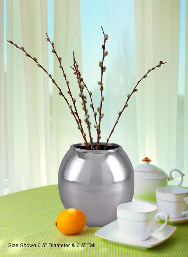 Serene Spaces Living Alerra Stainless Steel Vase, Round Modern Silver Flower Vase, Minimalist Metal Accent for Home, Office, Wedding, or Event Centerpiece, 6.5" Diameter & 6.5" Tall, Pack of 4