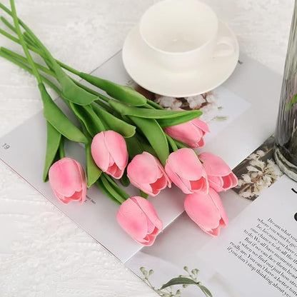IPOPU Pink Tulips Artificial Flowers 24PCS Real Touch Tulips Flowers Fake Pink Tulips Faux Flowers for Home Decoration Wedding Bouquet Party Baby Shower Centerpieces Bridal Bouquet Decor