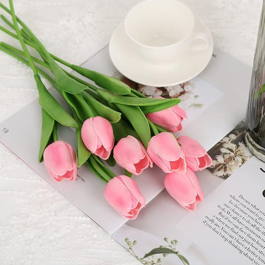 IPOPU Pink Tulips Artificial Flowers 24PCS Real Touch Tulips Flowers Fake Pink Tulips Faux Flowers for Home Decoration Wedding Bouquet Party Baby Shower Centerpieces Bridal Bouquet Decor