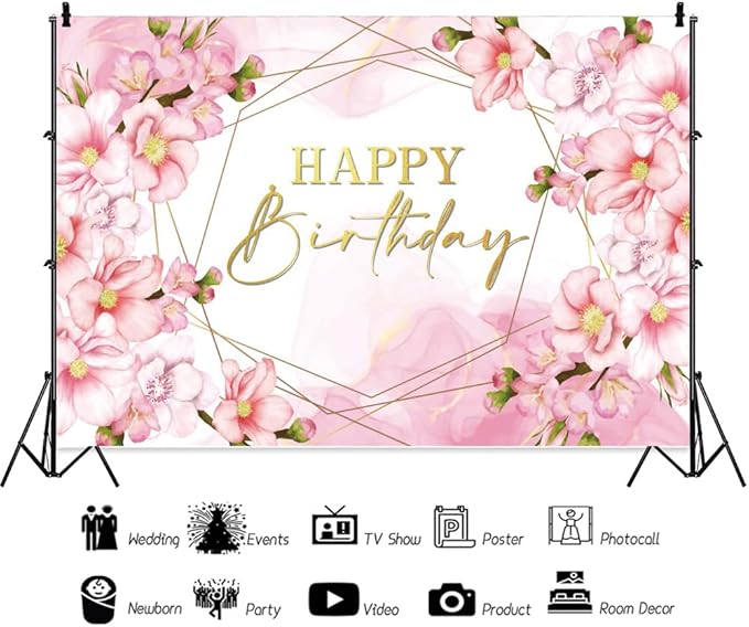 ChloropLastid 8x6ft Floral Happy Birthday Backdrop for Girls Pink Blooming Floral Birthday Party Decorations Photography Background Watercolor Flowers Women Birthday Party Decor Banner Photo Props