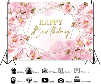 ChloropLastid 10x8ft Floral Happy Birthday Backdrop for Girls Pink Blooming Floral Birthday Party Decorations Photography Background Watercolor Flowers Women Birthday Party Decor Banner Photo Props
