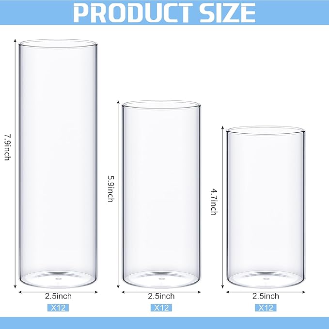 36 Pcs Cylinder Vases Set for Centerpieces, 6/8/10 Inch Tall Clear Glass Vase, Hurricane Floating Candle Holder for Wedding Table Decor, 2.5''/2.7''/3.3''' Diameter (2.5'' X 5'',6'',8'')
