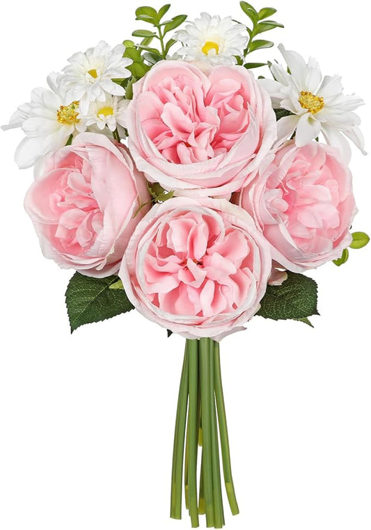 Peonies Artificial Flowers, 11pcs Faux Pink Flowers Artificial Realistic Peony and Daisies Silk Flower Arrangements 14.5" Fake Flowers for Vase Centerpiece Wedding Party Home Decor DIY Bridal Bouquet