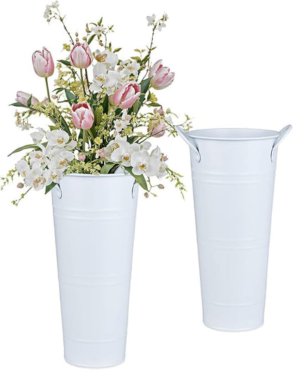 9 Inch Galvanized Metal Vases for Flowers - 2 Pcs Farmhouse Decorative Tall Flower Bucket with Handles, Rustic French Tin Planter Buckets for Wedding Decor (Pure White)