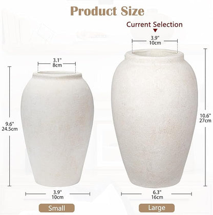 Handcrafted Flower Vase, 10.5" Tall Terracotta Vases, Vintage White Vase, Rustic Antique Décor, Wide Mouth, Matte Finish for Home Office Resto Café Decoration