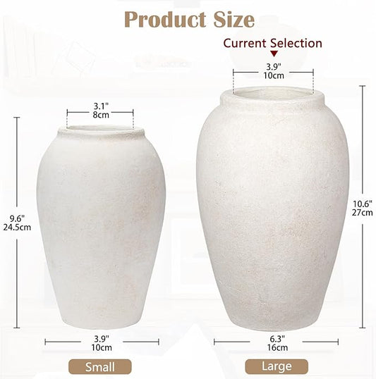 Handcrafted Flower Vase, 10.5" Tall Terracotta Vases, Vintage White Vase, Rustic Antique Décor, Wide Mouth, Matte Finish for Home Office Resto Café Decoration